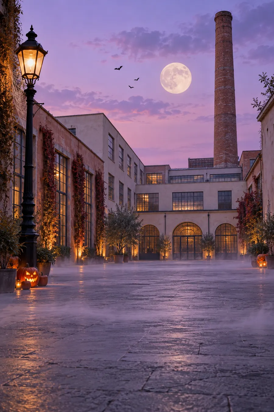 Il cortile della Manifattura Tabacchi al crepuscolo di Halloween, luna piena, lampioni accesi e nebbia